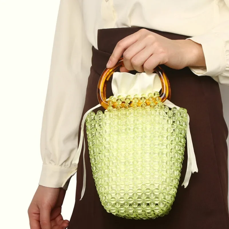 

New Bucket Bags Hollowed Out Crystal Transparent Green Versatile Women's Handbag Customized Handmade Woven Beaded Acrylic