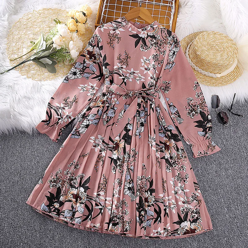 Dress Kids Girls 8-12 Years Girls' Pink Floral Print Pleated Long-Sleeved Dress Korean Style Casual Vacation Dress