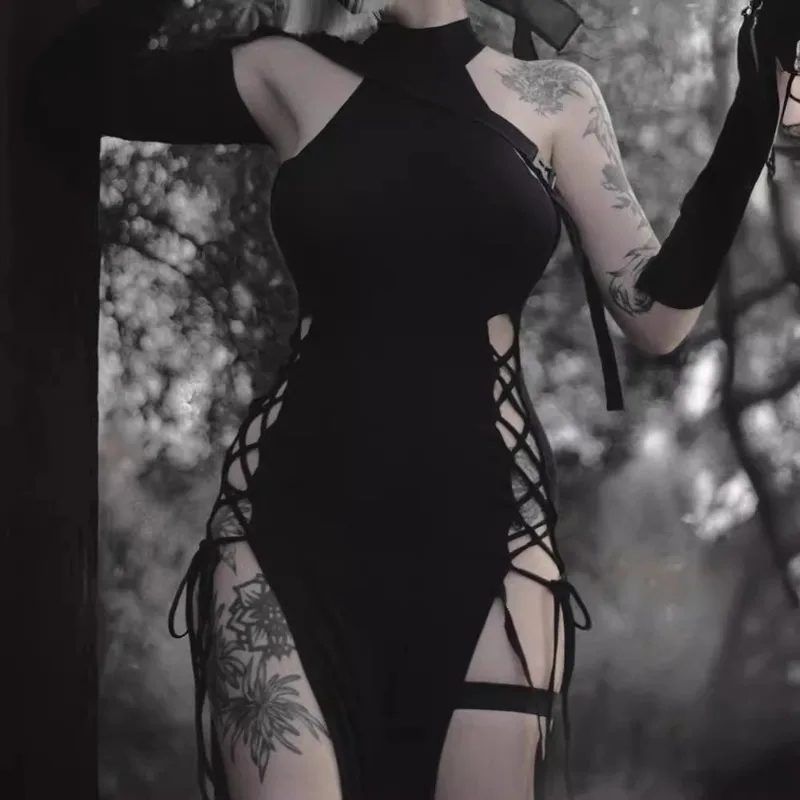 

Goth Dark Punk Halter Neck Dress Grunge Lace Up 90s Streetwear Women Sexy Bandage High Split Hem Dresses Y2k Gothic Clothing