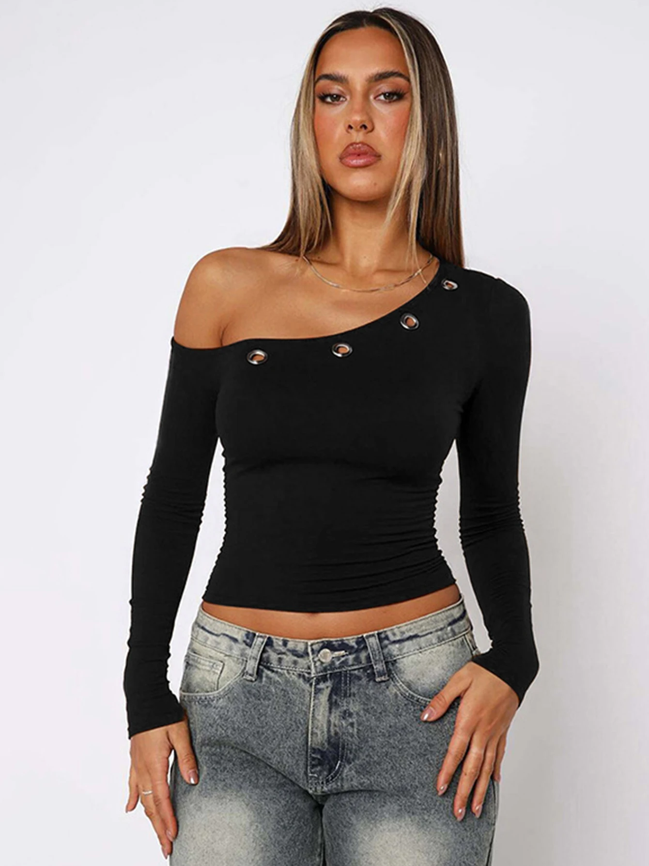 Dulzura الخريف أزياء مثير يميل الكتف طويلة الأكمام عارية الذراعين ثقوب تي شيرت المرأة عارضة تنوعا الشارع نمط الملابس Y2K