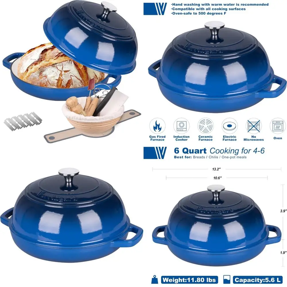 

Enameled Cast Iron Dutch Oven Pot with Lid, Perfect for Sourdough Bread Baking and Proofing, Including Bread Basket for Baking