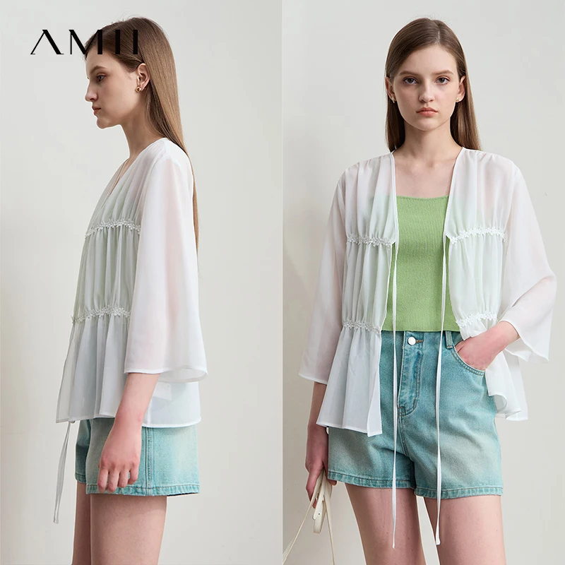 Amii Minimalism Light Luxury Blouse Chiffon 2026 Summer New Women Office Lady Thin Loose Tied Ruffles Flared Sleeves 12542274