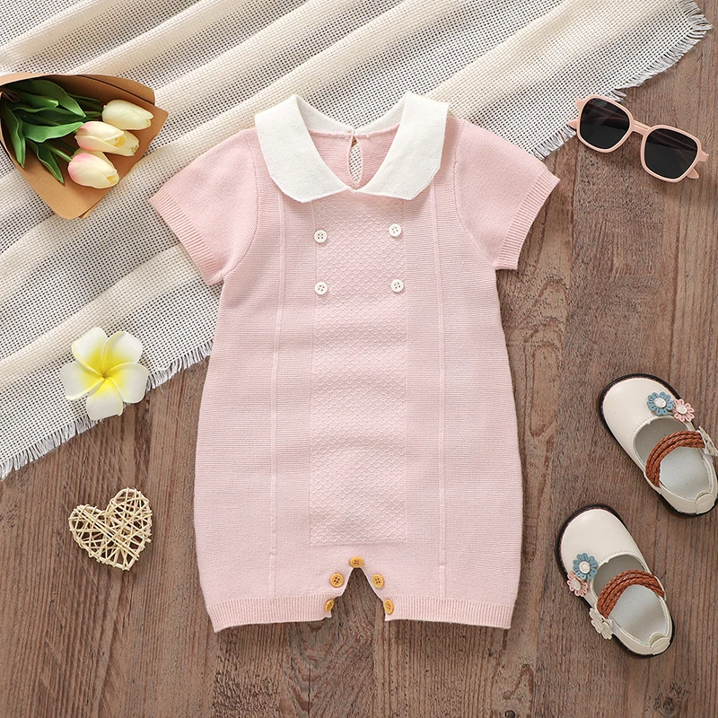 0-18 Months Infant Girls Rompers Summer Turtle Neck Short Sleeve Knit Newborn Baby Solid Color Jumpsuits Clothing Casual Outwear