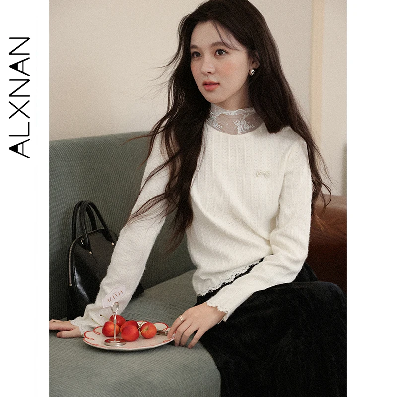 ALXNAN المشمش القمم كاذبة قطعتين الدانتيل المرقعة طويلة الأكمام محبوك البلوفرات القوس الخريف المرأة طبقات تريكو L58036 #5