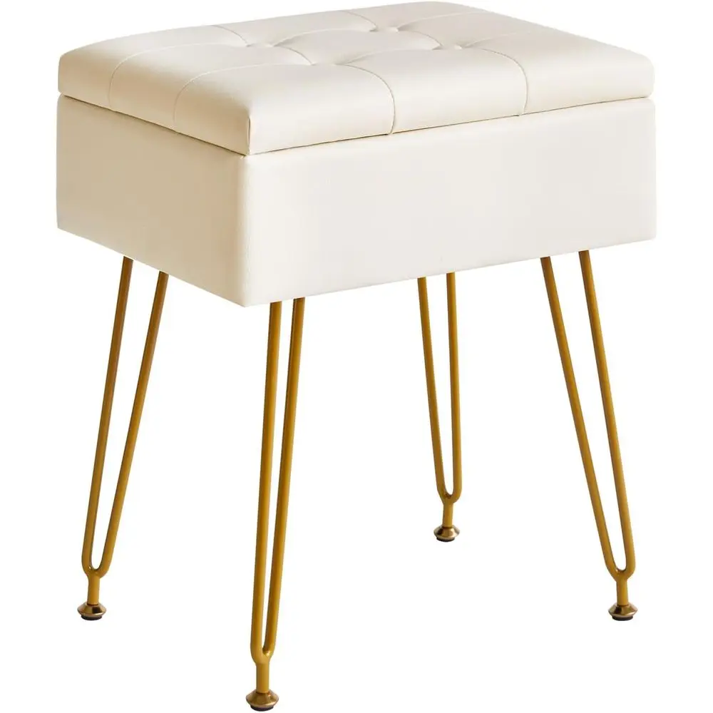 Adjustable Metal Leg Storage Vanity Stool with PU Leather, 40x30x48cm Ottoman for Makeup, Living Room, Entryway, White