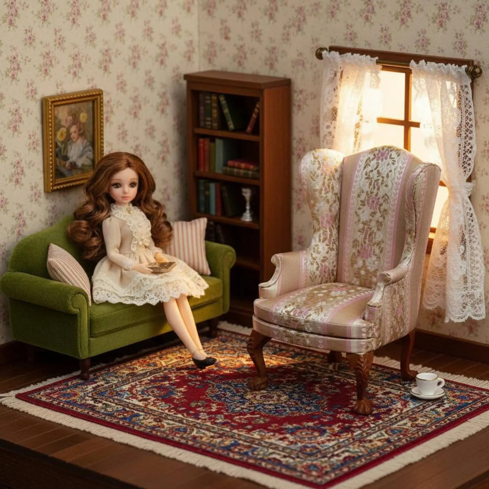 2 Pieces 1:6 Scale Sofa and Armchair Set Handmade Vintage Dollhouse Seating Doll Accessory Detailed Intricacy for Collectors