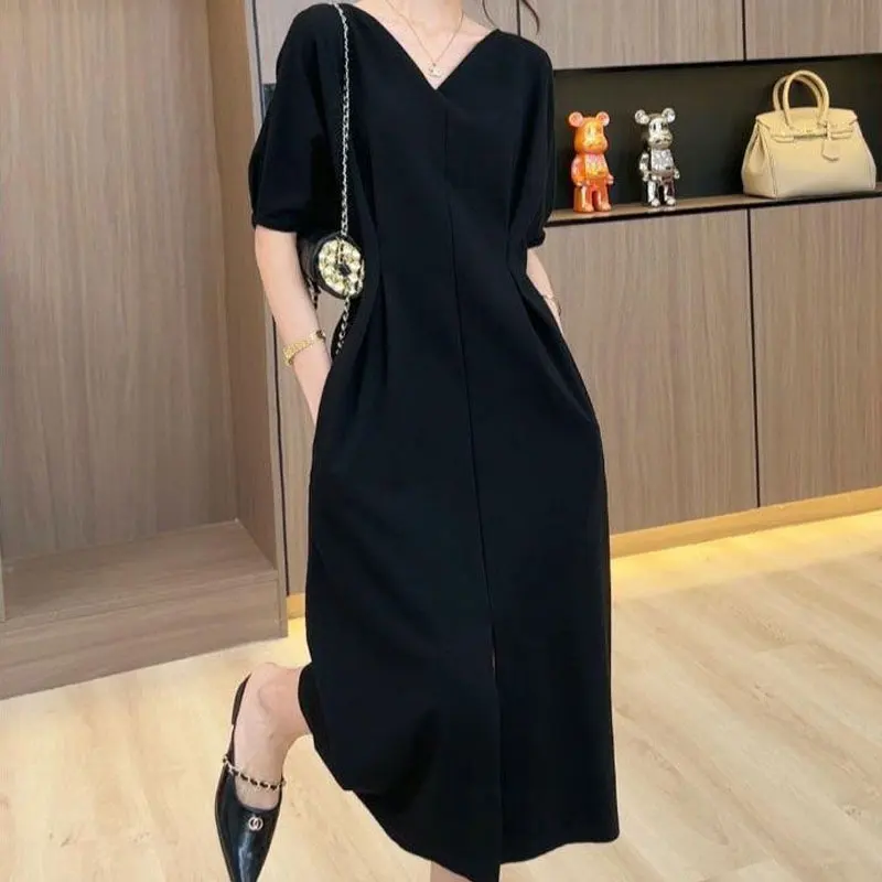 Elegant V-Neck Midi Dress Female Clothing Split Commute A-Line Folds Waist Monochromatic Luxury Dresses Summer Fashion 2024 New