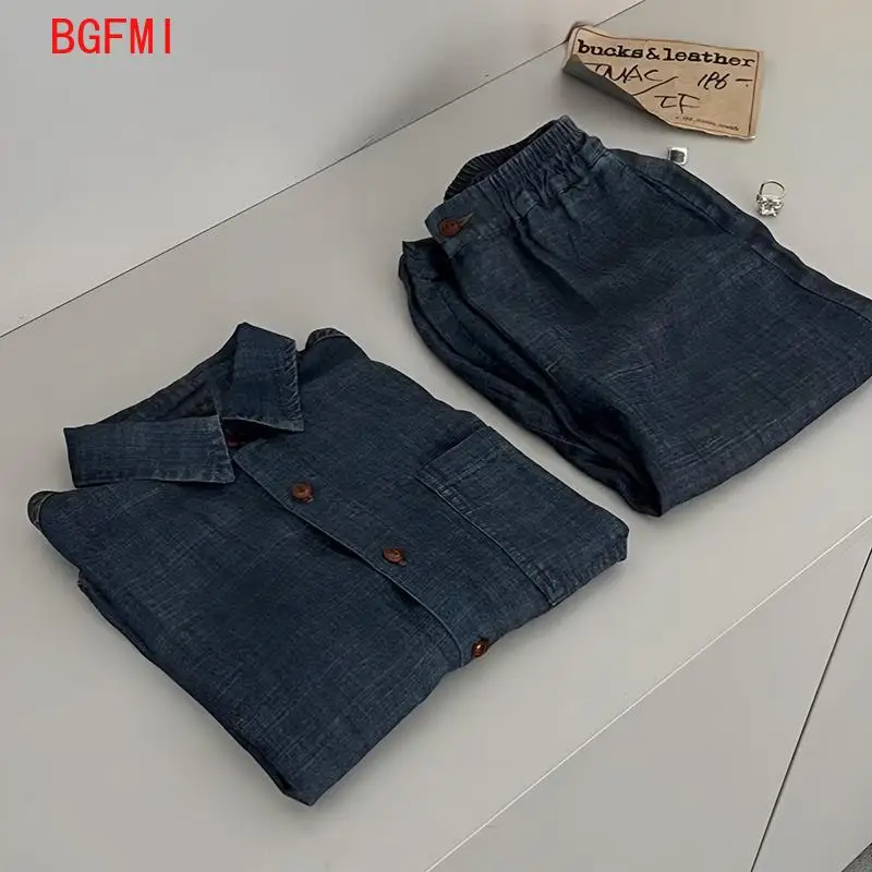 Thin Soft Denim Korean Summer Boys Fashionable Denim Set Children\'s Short sleeved Shirt Shorts Cool and Handsome Two piece Set