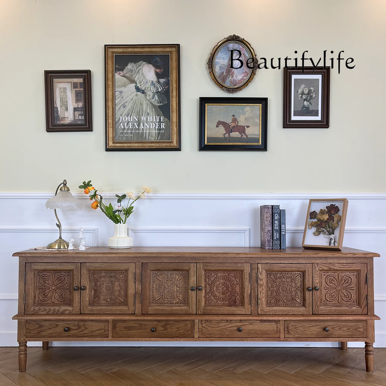 

American country solid wood carving flower TV cabinet combination retro pastoral oak living room storage cabinet