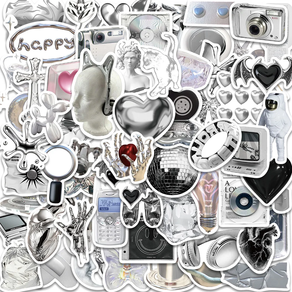 66PCS Ins Style Cool Silver Art Graffiti Stickers Aesthetic Cartoon Decals Toys Skateboard Guitar Notebook Phone Bike Sticker