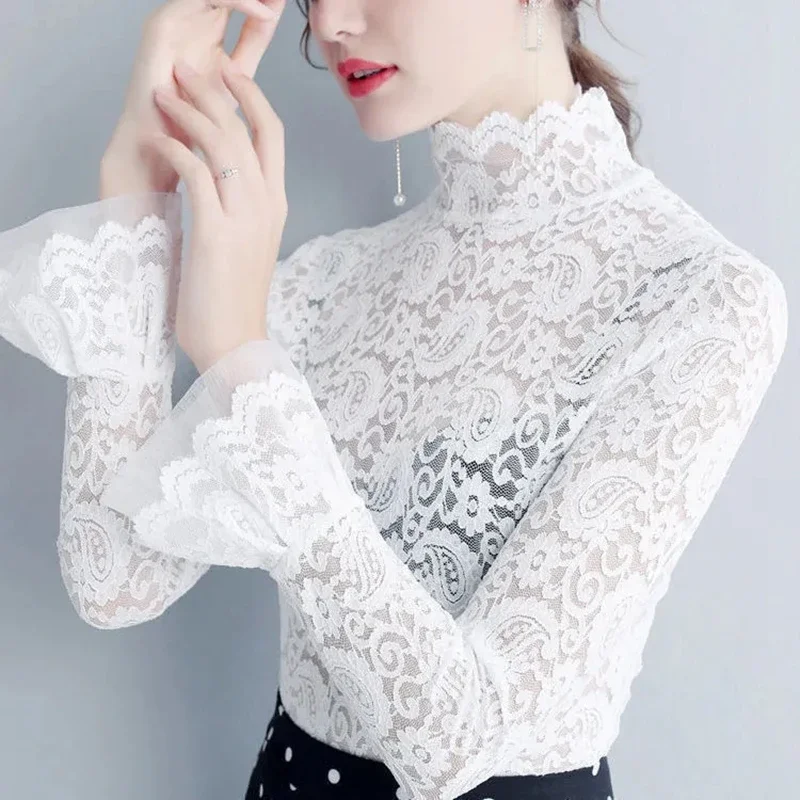 Sexy Transparent Long Sleeve Top Women 2024 Fashion Autumn Winter Basic Lace Blouses White Black Hollow Blusas Mujer Oversized