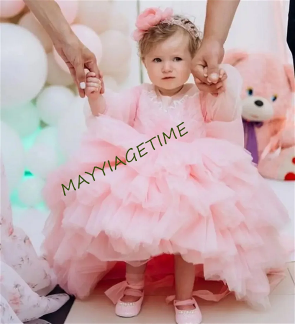 Unique Pink Baby Girl Birthday Dress Full Sleeve O Neck High-Low Winter Baby Dress Pageant Party Girl Gowns 1-14T