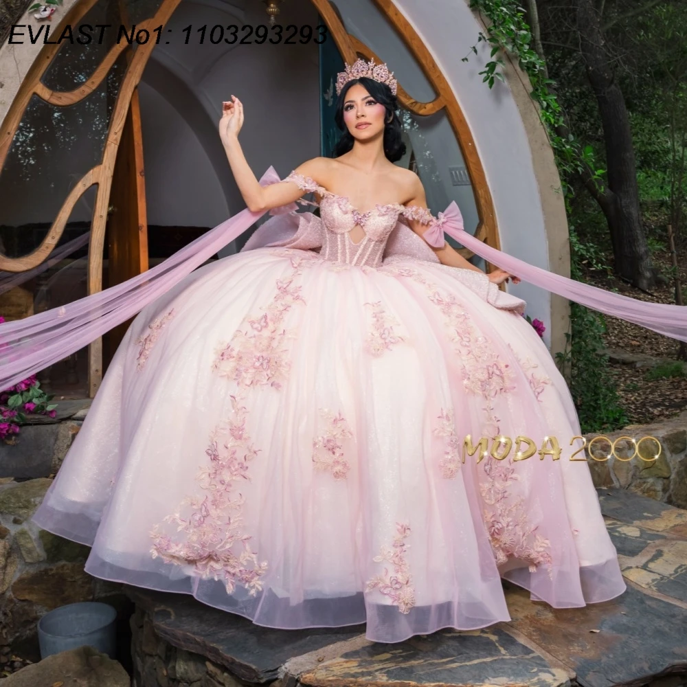 

EVLAST Customized Mexican Pink Quinceanera Dress Ball Gown Floral Applique Beading Cape Party Sweet 16 Vestidos De 15 Anos AQ60