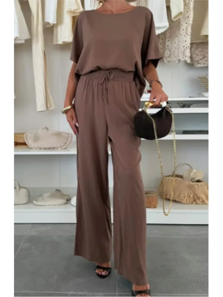 Frauen Fashion Solid Set Casual Kurzarm O Neck T Shirt Tops + Hohe Taille Breite Bein Hosen 2 stück Sets Streetwear Kleidung Neue