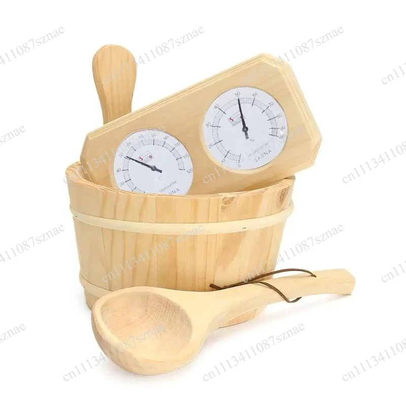 Pine Wood Sauna Accessory Set with Thermometer Hygrometer Dipper Bucket, 3pcs Set 20-140C for Sauna Room and Home Spa Use