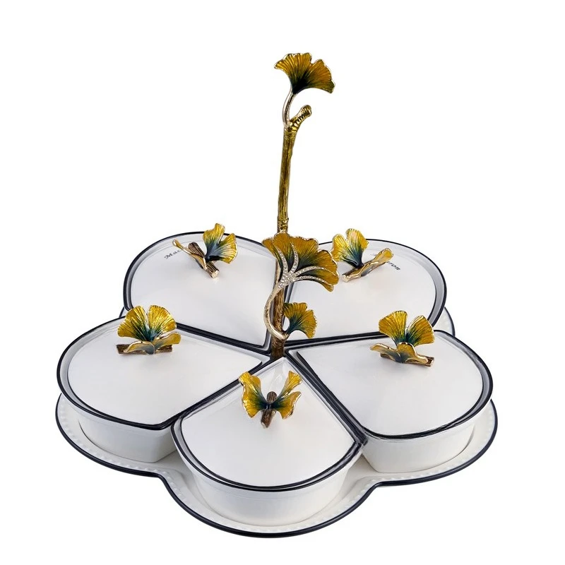 

Ceramic enamel color dried fruit plate candy box with lid grid creative melon seed snack plate home living room decoration