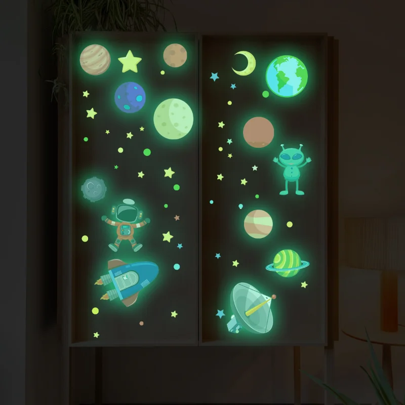 Cartoon Space Aliens Luminous Wall Stickers Kids Room Background Decoration Decals Baby Bedroom Decor Glow In The Dark Wallpaper