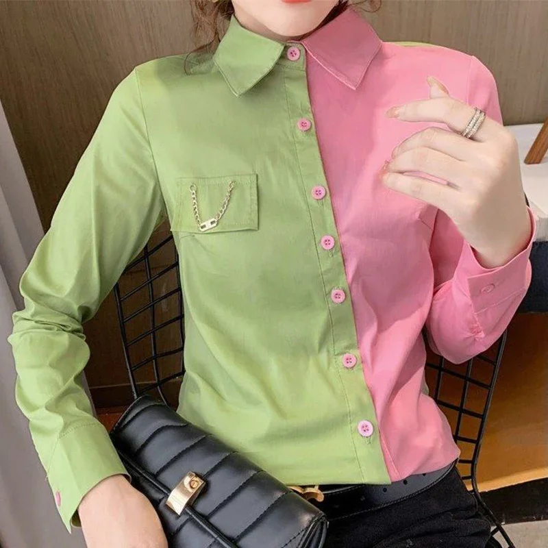 Spring Polo-neck Contrast Color Slim Shirt Female Long Sleeve Patchwork Casual Fashion Buttons Blouse Women Cardigan Top X750