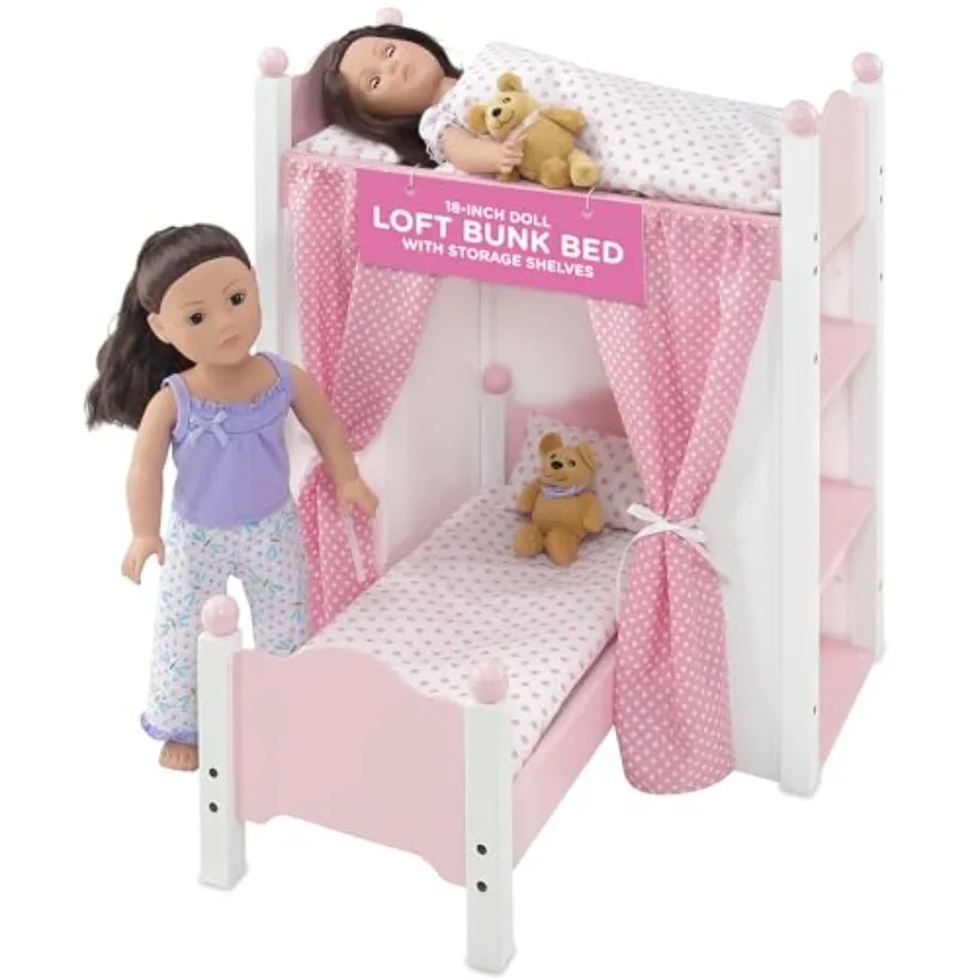 

18 Inch Doll Pink Loft Bunk Bed with Storage Shelves Bins and Ladder Wooden Dollhouse Furniture with 2 Bedding Sets Compatible