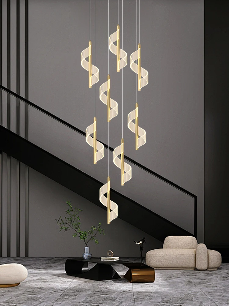 

LED Staircase Long Pendant Light Modern And Simple Gold Loft Light Creative Designer Rotating Villa Living Room Pendant Light