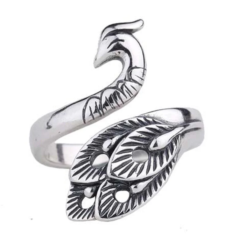 Fashion Lady Peacock Ring Adjustable Retro Carving Animal Pattern Ring 925 Silver Female Ethnic Finger Accessories