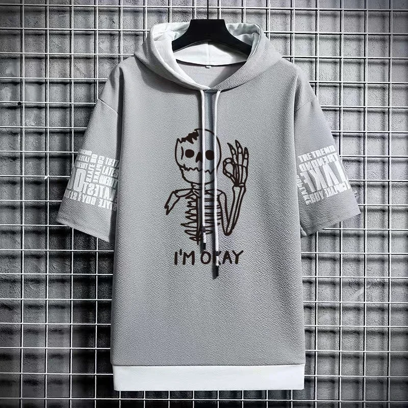 Short Sleeve Hoodies 2024 Summer Men Clothing Sweatshirts American Fashion Harajuku Men Streetwear Print Skulls Hoodies Men New