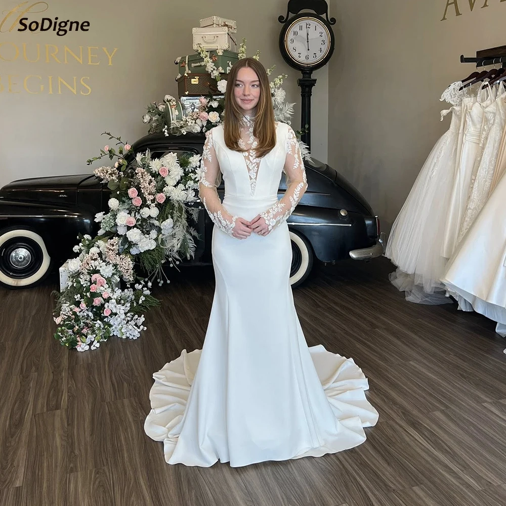 

SoDigne Mermaid Satin Bride Dresses High Neck Full Sleeves Appliques Wedding Dress Bridal Gowns vestidos de novia Customized