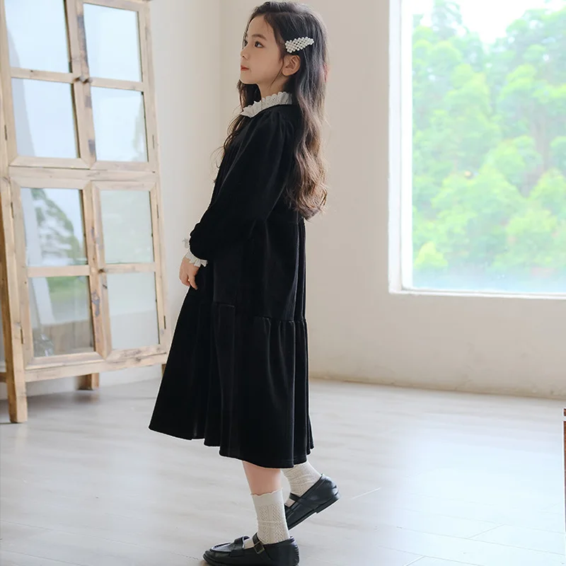 Black Velvet Dress for Girls Autumn Winter Kids Clothes Elegant Girl Princess Dress Long Sleeve Party Midi Vestidos 6 to 16 Yea