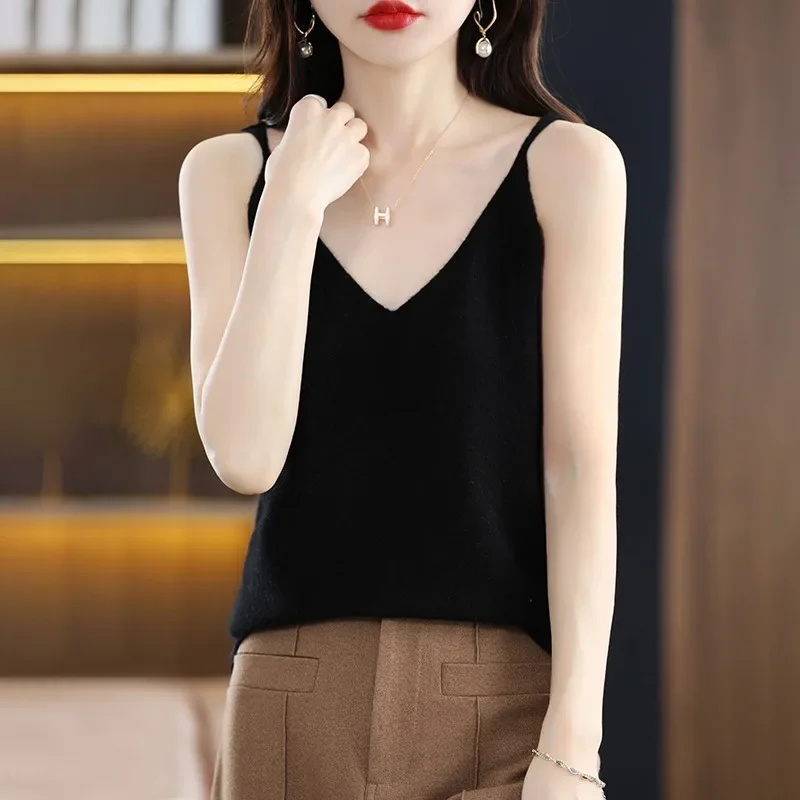 Spring Summer Women Camis Tops Solid Casual Knitted Tops Sexy V-neck Bottoming Tank Tops 2024 Knit Fashion Korean Tank Top