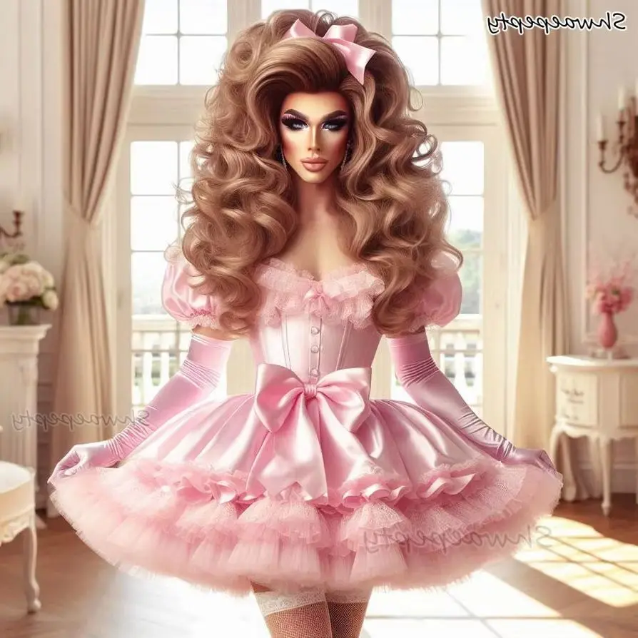 Baby Pink Sissy Prom Dress Off-Shoulder Short Mini Ball Gown Cosplay Party Night Dress Lace Ruffles Bow Customized Lady Costume