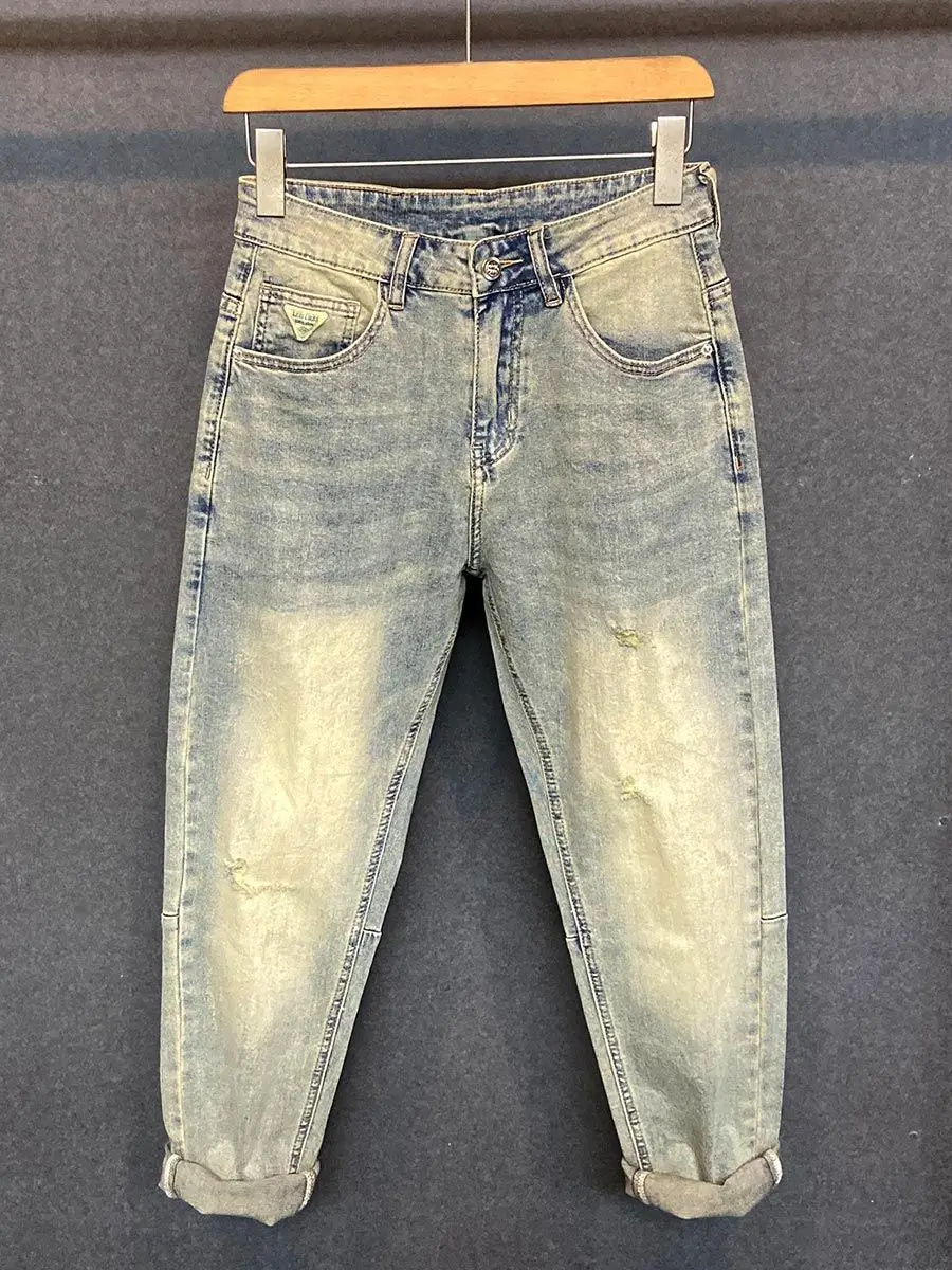 Primavera e verão marca de luxo lavado jeans masculino casual na moda cowboy retro velho versátil solto cone reto harlan calças