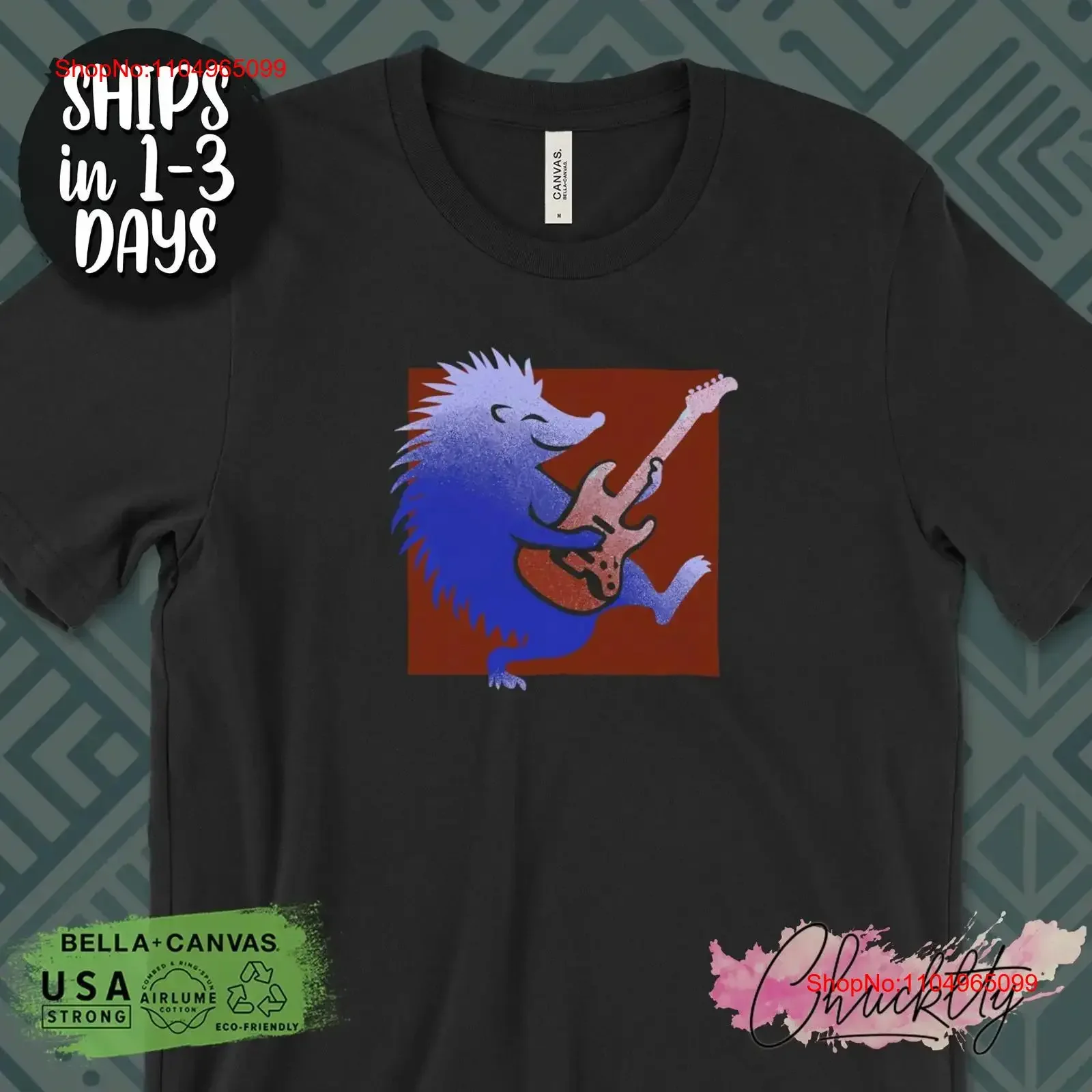 تي شيرت برسومات قنفذ هزاز لطيف مع تي شيرت جيتار لمحبي الموسيقى المضحك يلعب ملابس مصممة كلاسيكية مغسولة ناعمة كاجوال #1