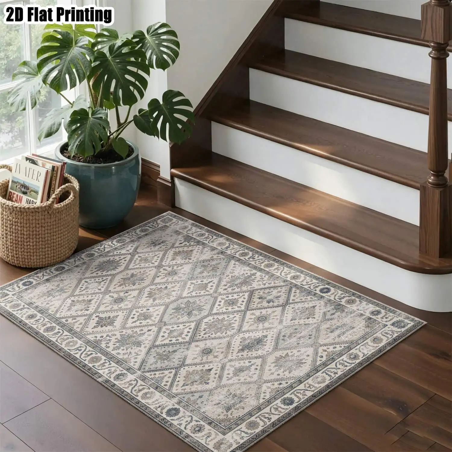 1Pc 2D Printed Carpet: Blue-Grey Retro Scroll Flower, European/Retro/Minimalist Style, Multi-Size Washable, for Home Decor & Multi-Scene Use
