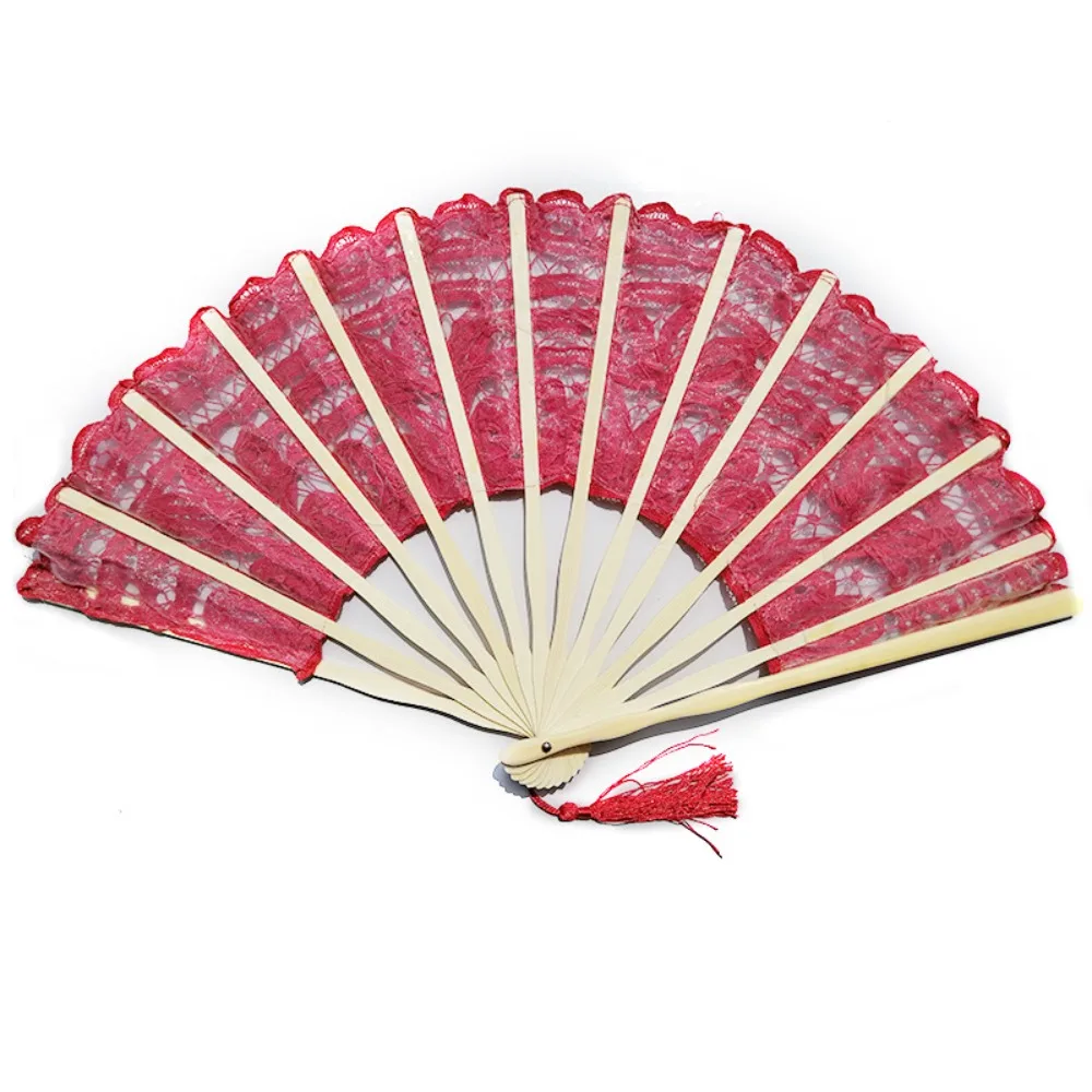 Home Ornaments Bamboo Handle Vintage Lace Hand Fan European Style Hand Held Embroidered Folding Fan with Tassel Dance Fan Party