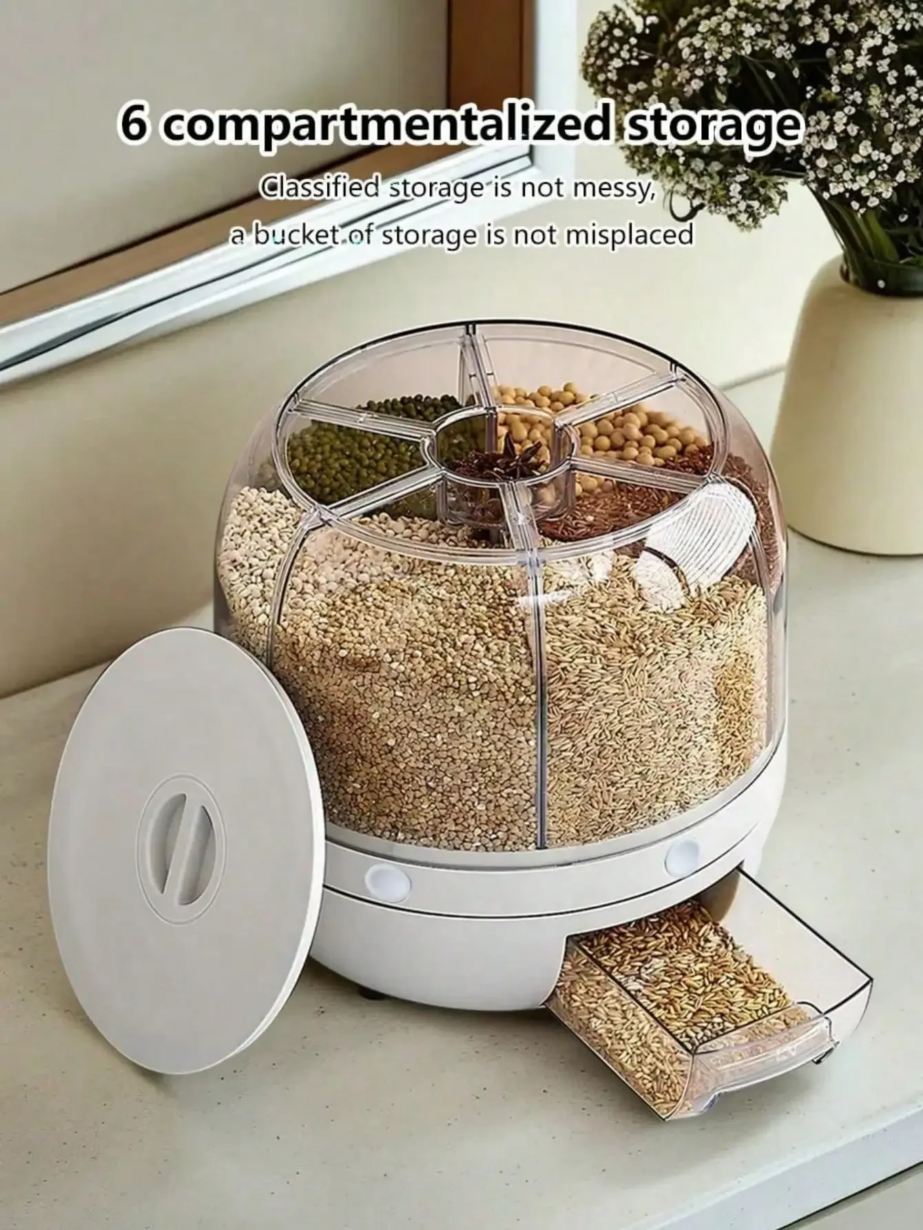 1pc Divided Rice Bucket Rotating Grain Storage Bin 6 Grids Rice Container One-Click Output Large Capacity Food Dispenser For Rice Grains Or Pet Food Sealed Moisture Proof Organizer