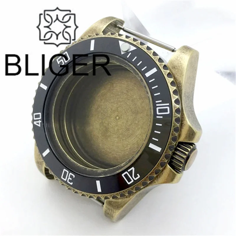 BLIGER 43mm SEA Dive Watch Case Bronze Brushed Coating Steel With Domed Sappire Glass Ceramic Bezel For NH ETA PT Movement Screw