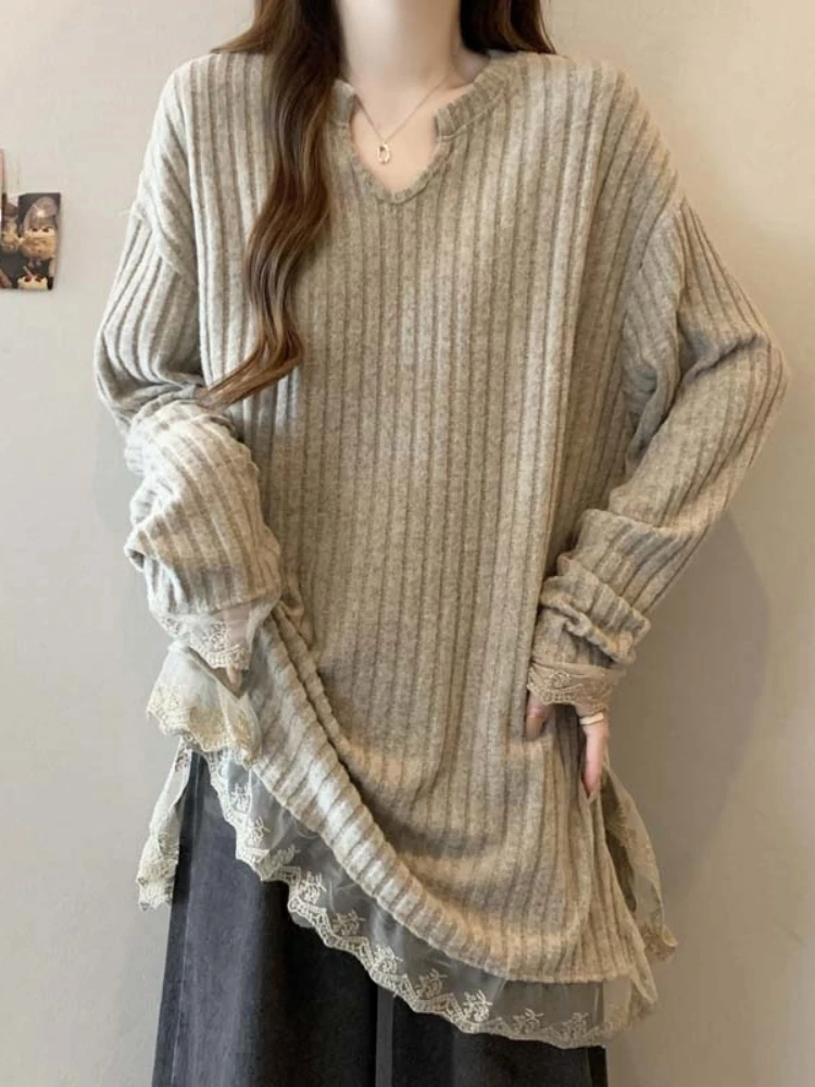 Gray Lace Splicing Women's Knitted Sweater Spring Autumn New Style plus Size Bottoming Long Top Butt Covering Korean Style