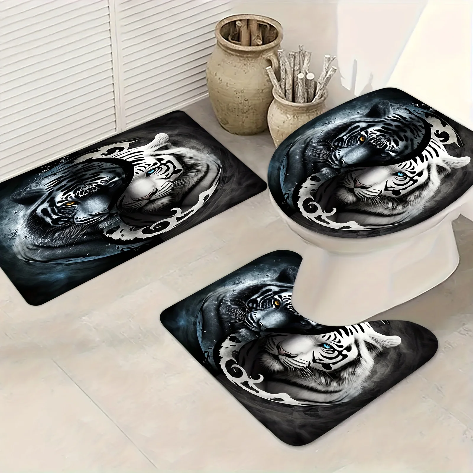 

3 Piece Set Black and White Tiger Head Non-Slip Bath Mats Toilet Seat Cover U-Shaped Mat and Floor Rug for Bathroom Decoration