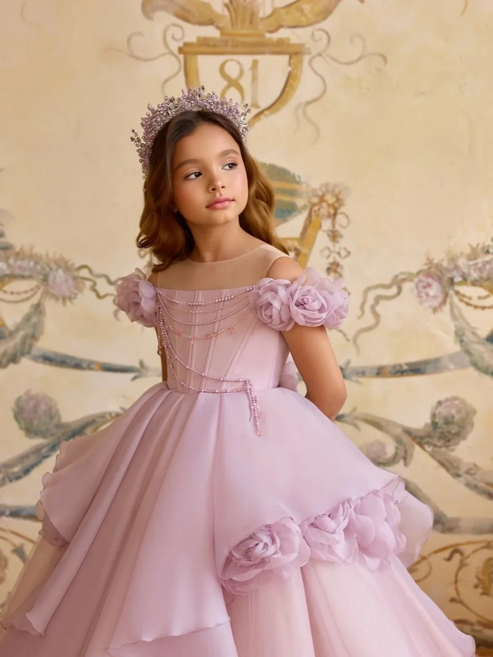 2026 Girls Lilac Princess Dress 3D Rose Off Shoulder Tulle Ball Gown Kids Party Wedding Flower Girl Pageant Formal Prom Dress view 3