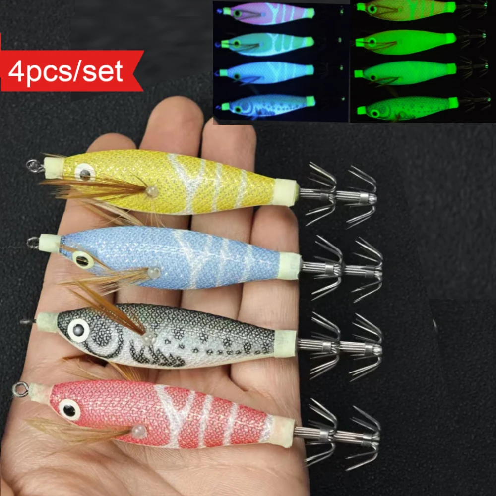4pcs/set 8cm Glow Horizontal Squid Jig Horizontal Egi Set Saltwater Sea Cuttlefish UV Shrimp Octopus Baits Horizontal Egi Set