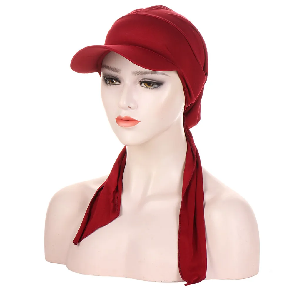 Women Bandana Brim Cap Sun Visor with Pre-Tied Turban Caps Head Scarf Hijab Pure Color Bandage Muslim Female Fashion Outdoor Hat