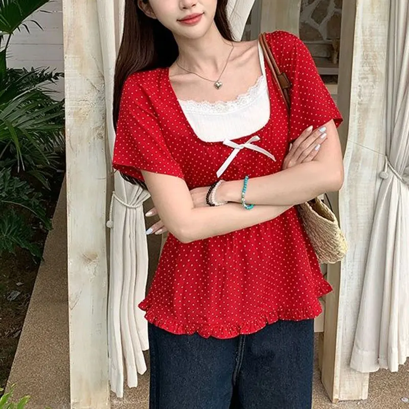 Polka Dot Stylish Bow Waist Shirts Female clothing Two Piece Set Summer New Square Collar Vintage Short Sleeve Lace Folds Blouse