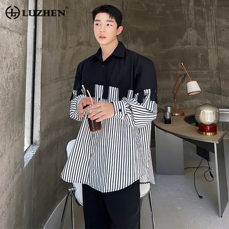 

LUZHEN 2024 Fashion Asymmetric Color Contrast Splicing Design Stripe Loose Casual Shirts Men High Street Trendy Tops New 40ca9a