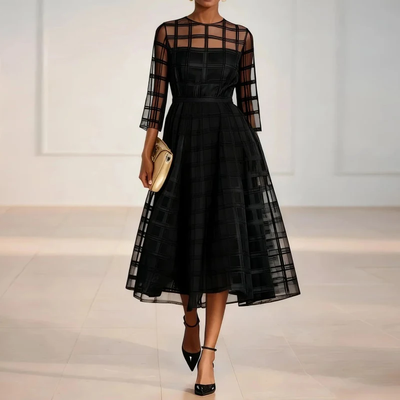 Modigirl Abito scozzese elegante in rete vintage da donna 2026 Ombrello primaverile Maniche semitrasparenti Cena Abiti da donna per riunioni formali