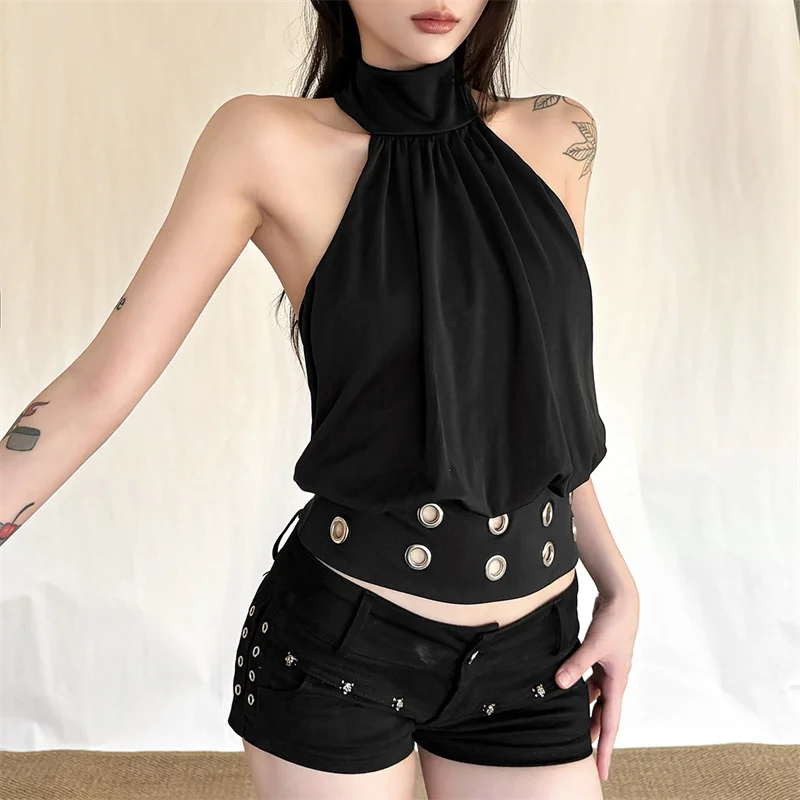2026 New Vintage Dark Gothic Black Off Shoulder Crop Tops Y2K Retro Chic Sexy Backless Halter Tank Tees Women's Streetwear Vest