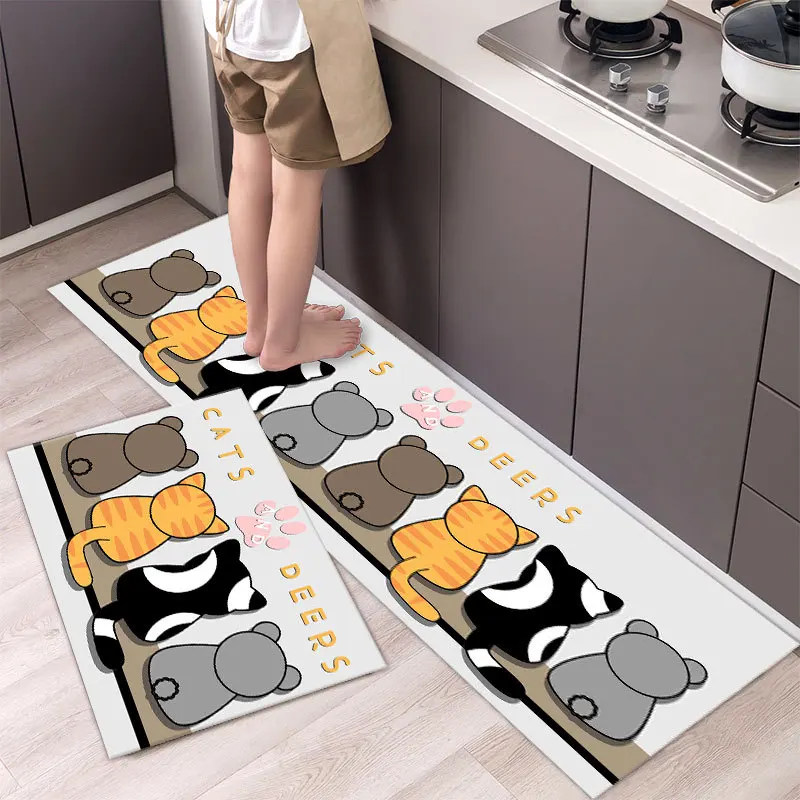 VIKAMA Cute Cartoon Cat Kitchen Floor Mat Water Absorbing Anti-Slip Long Strip Rug Washable Kitchen Entrance Home Decoration