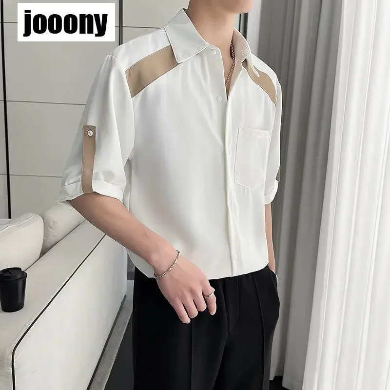 

Y2K All-match Contrast Color Blouse Summer New Turn-down Collar Fashion Half Sleeve Shirt Man High Street Casual Button Cardigan