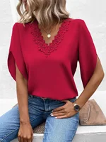 Fashion V Neck Short Sleeve Shirt Blouse Office Lady Spring Summer Casual Loose Solid