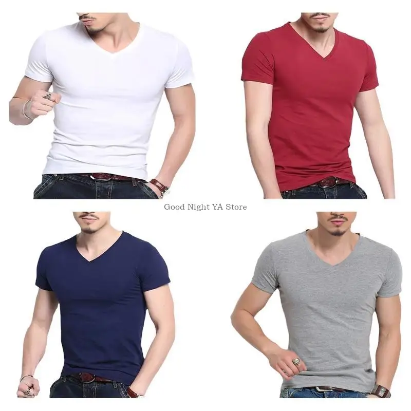 Mens Summer Short Sleeve Stretch Muscle T-Shirt V-Neck Casual Fitted Simple Color Pullover Top Athletic Workout