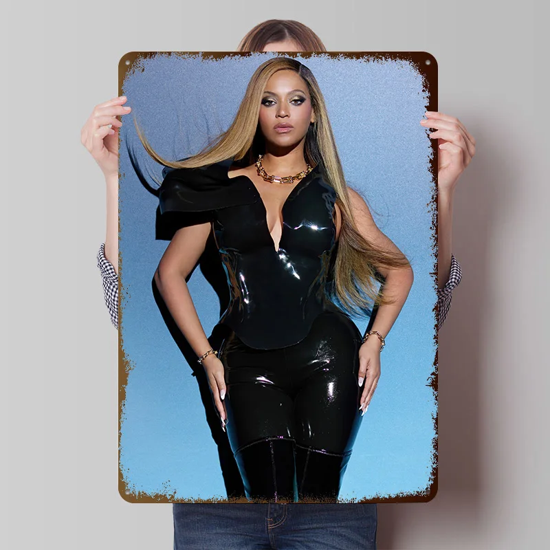 Beyoncé in Black Latex Outfit Poster Customized Vintage Metal Signs Wall Art Retro Tin Plaque for Living Room Decorations House